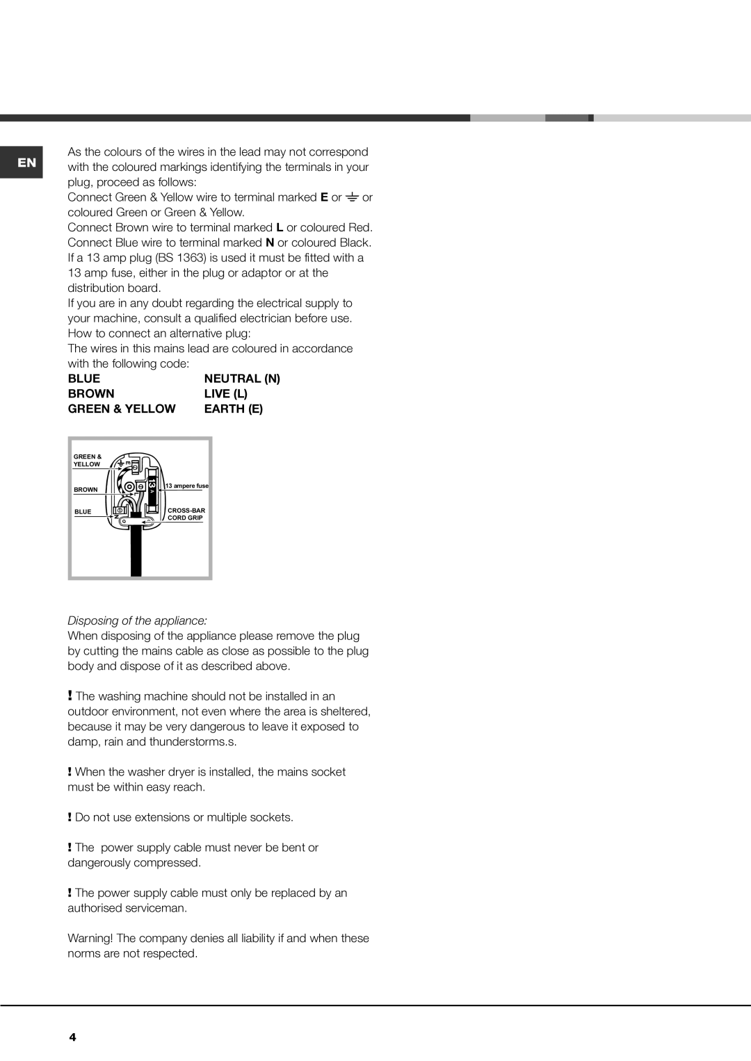 Hotpoint AQM8D 69 I instruction manual Coloured Green or Green & Yellow, Amp fuse, either in the plug or adaptor or at 