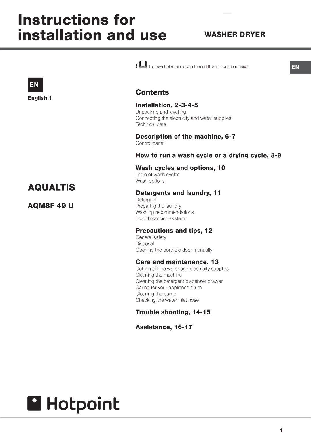 Hotpoint AQM8F 49 U instruction manual Instructions for installation and use, Aqualtis 