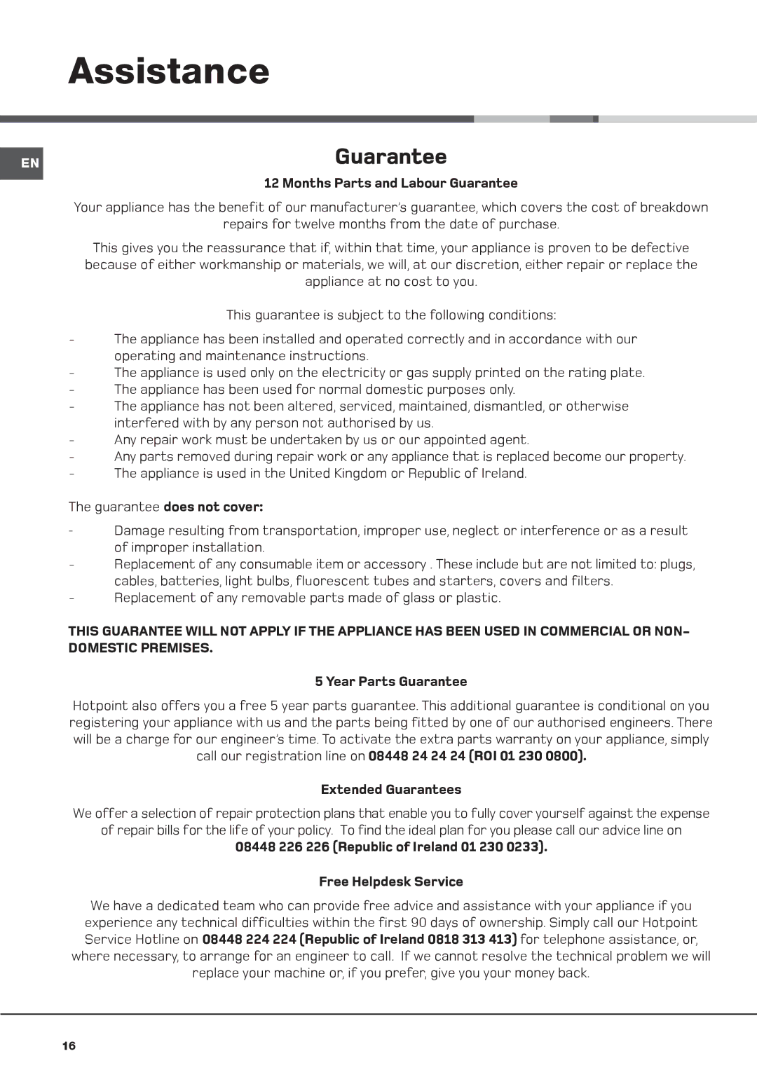 Hotpoint AQM8F 49 U instruction manual Assistance, Guarantee 