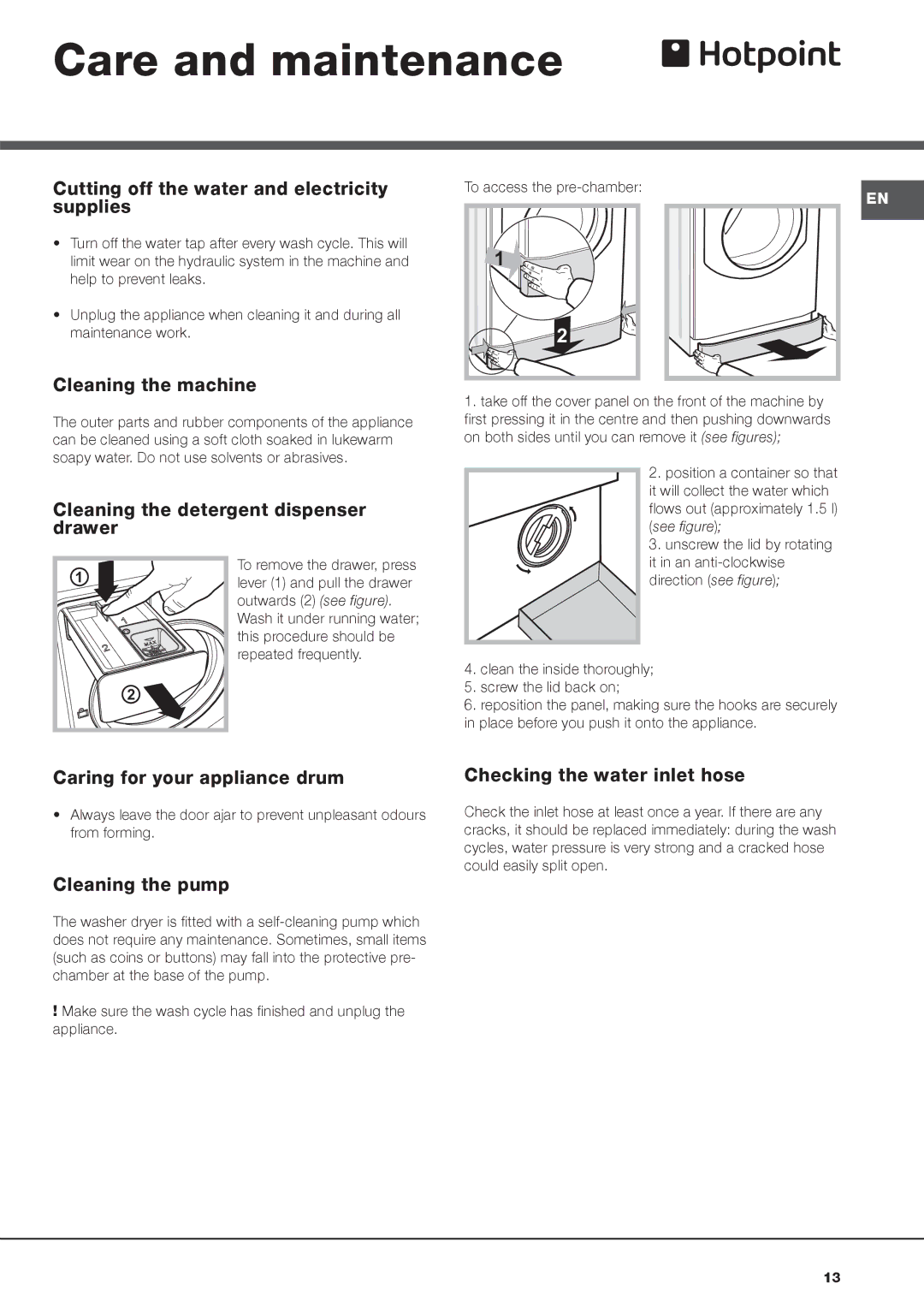 Hotpoint AQM8F 49 U instruction manual Care and maintenance 