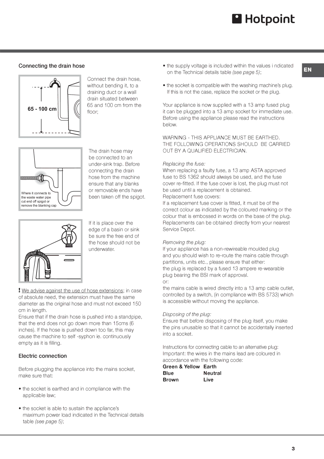 Hotpoint AQM8F 49 U instruction manual Replacing the fuse, Removing the plug, Disposing of the plug 