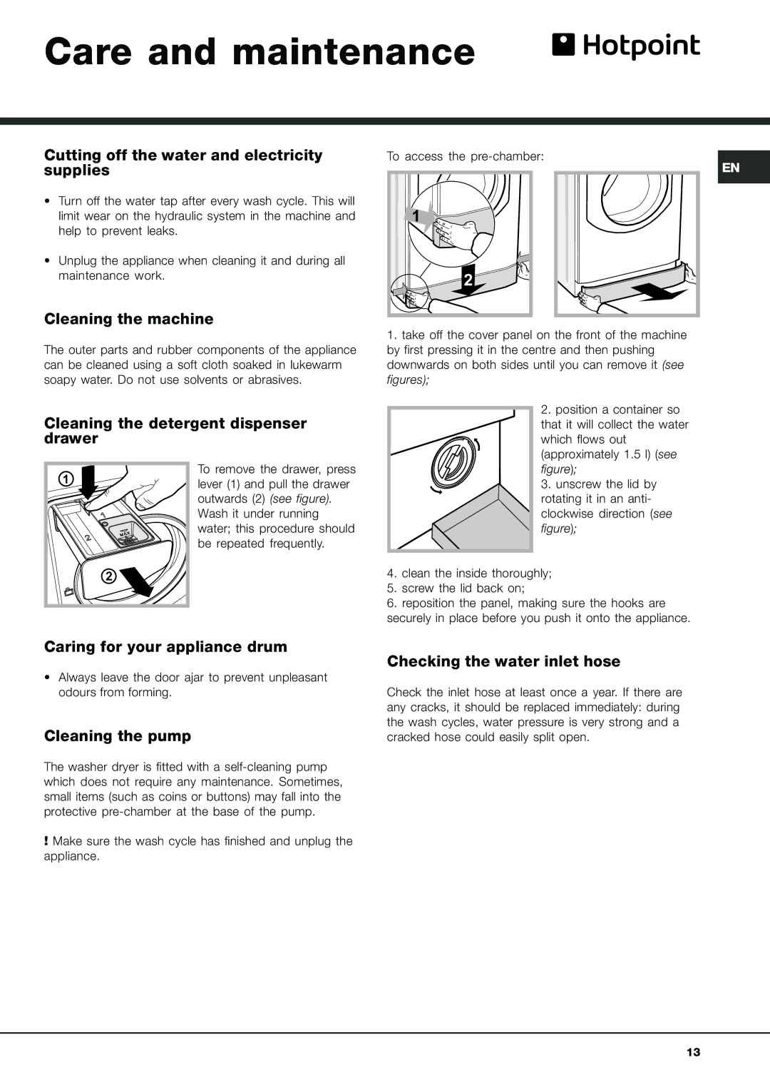 Hotpoint aqm8l 29 l manual Care and maintenance 