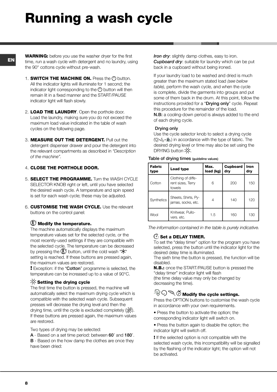 Hotpoint AQM8L29 I instruction manual Running a wash cycle, cottons cycle without pre-wash 