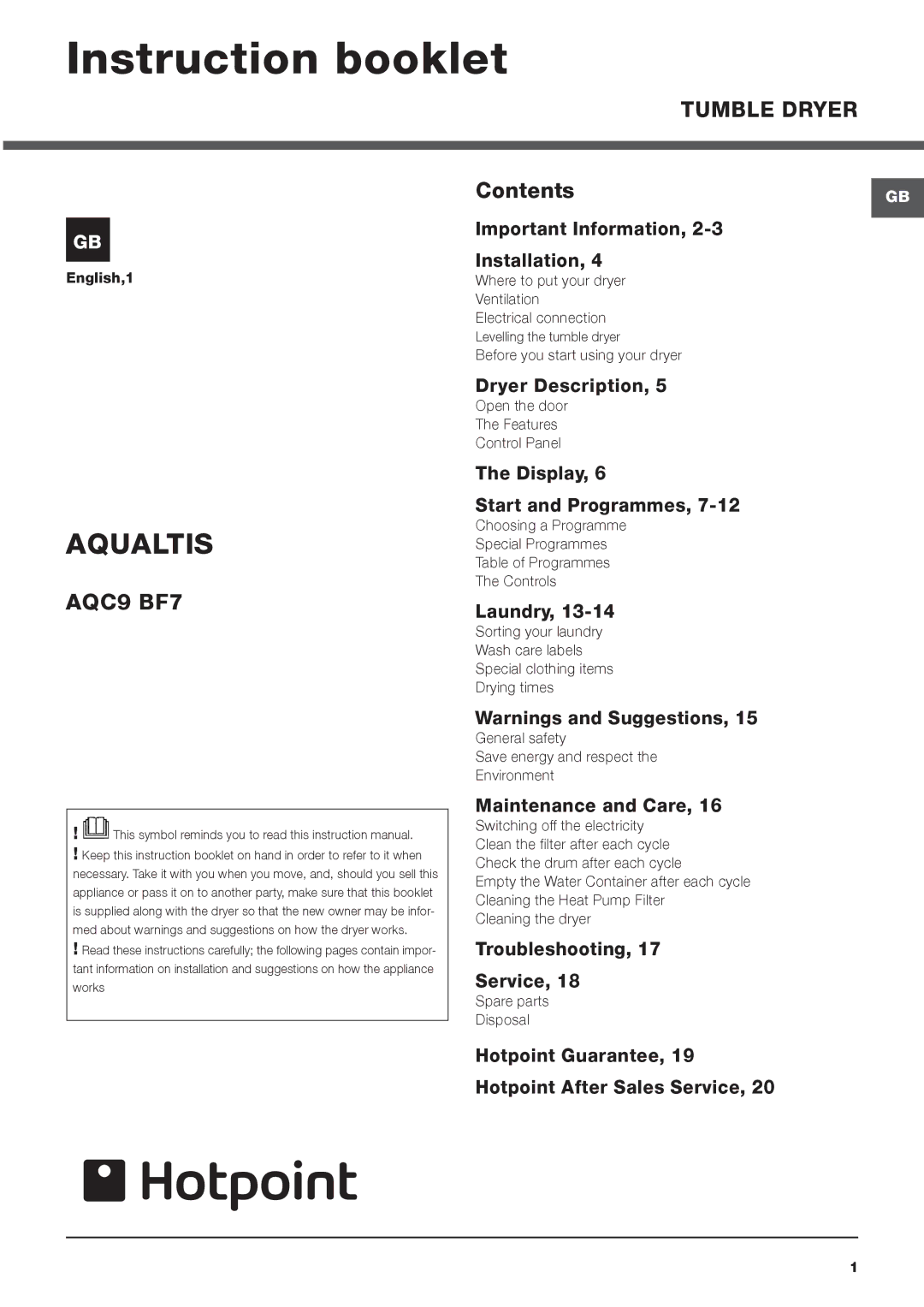 Hotpoint AQC9 BF7, AQUALTIS TUMBLE DRYER instruction manual Instruction booklet, Aqualtis 