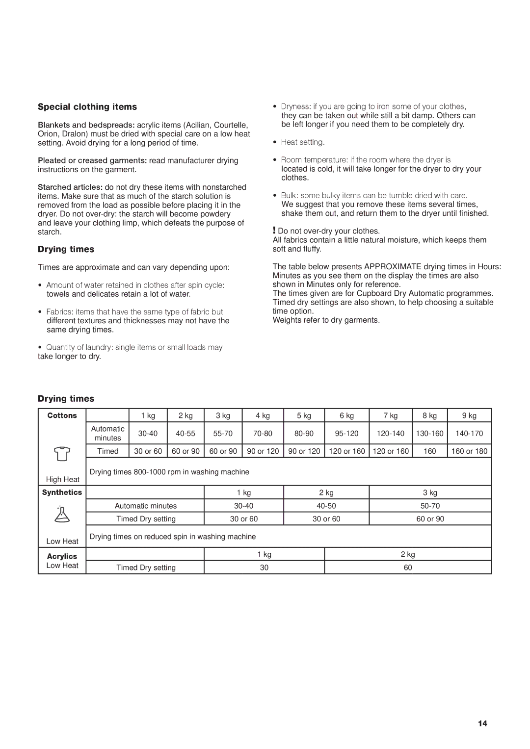 Hotpoint AQUALTIS TUMBLE DRYER, AQC9 BF7 instruction manual Special clothing items 