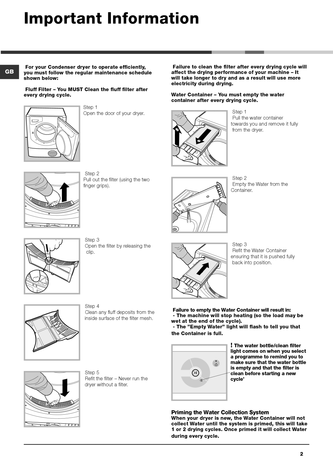 Hotpoint AQUALTIS TUMBLE DRYER, AQC9 BF7 instruction manual Important Information, Priming the Water Collection System 