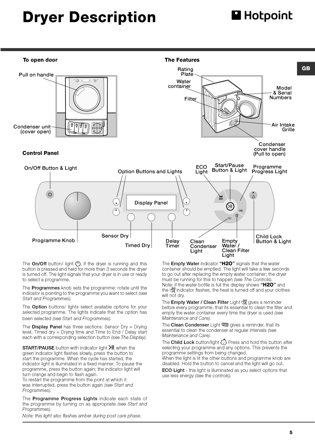 Hotpoint AQC9 BF7, AQUALTIS TUMBLE DRYER instruction manual Dryer Description, Eco 