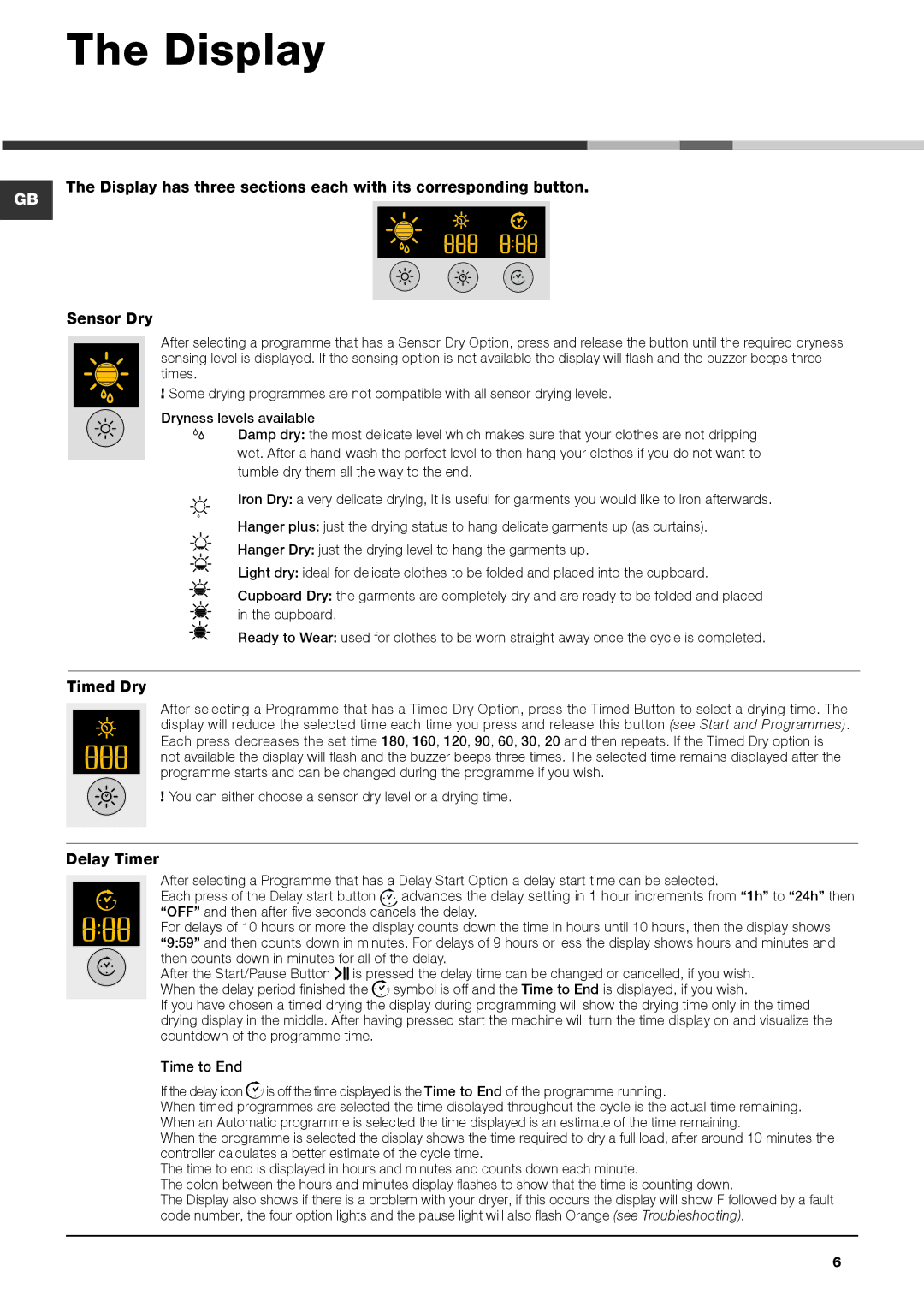 Hotpoint AQUALTIS TUMBLE DRYER, AQC9 BF7 instruction manual Display, Delay Timer, Time to End 