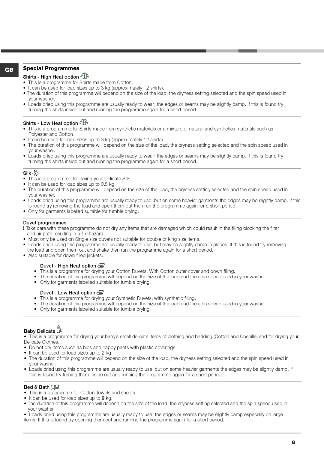 Hotpoint AQUALTIS TUMBLE DRYER, AQC9 BF7 instruction manual GB Special Programmes 