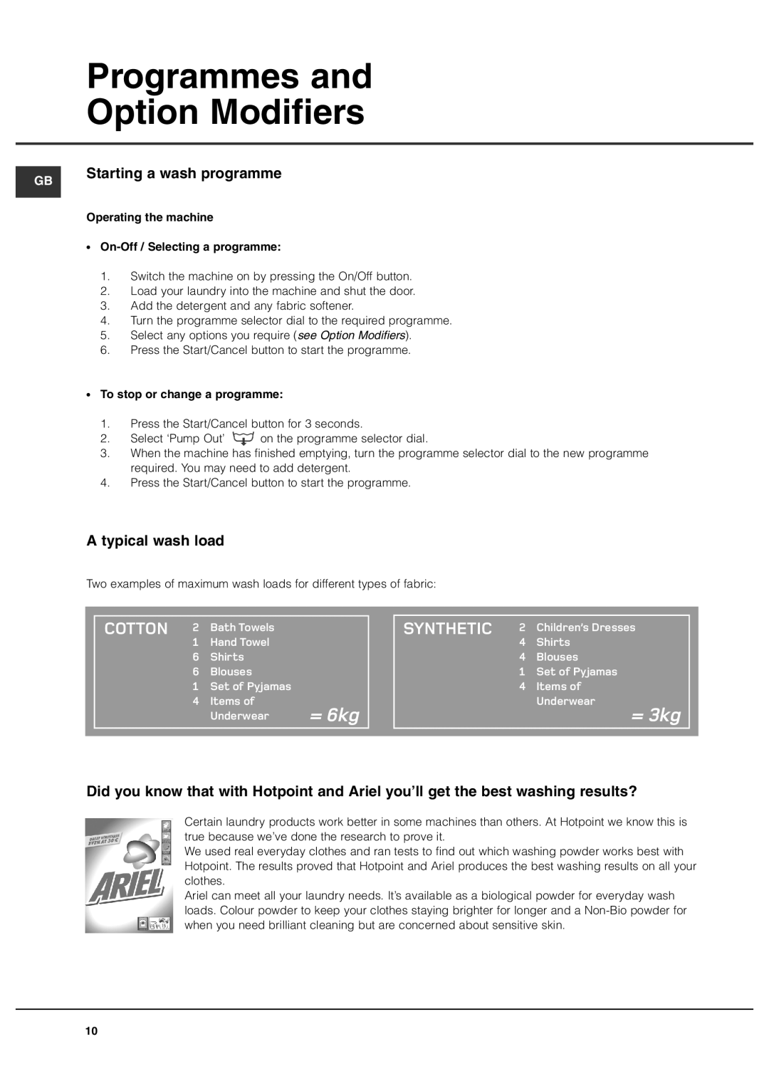 Hotpoint Aquarius GB Starting a wash programme, Typical wash load, Operating the machine On-Off / Selecting a programme 