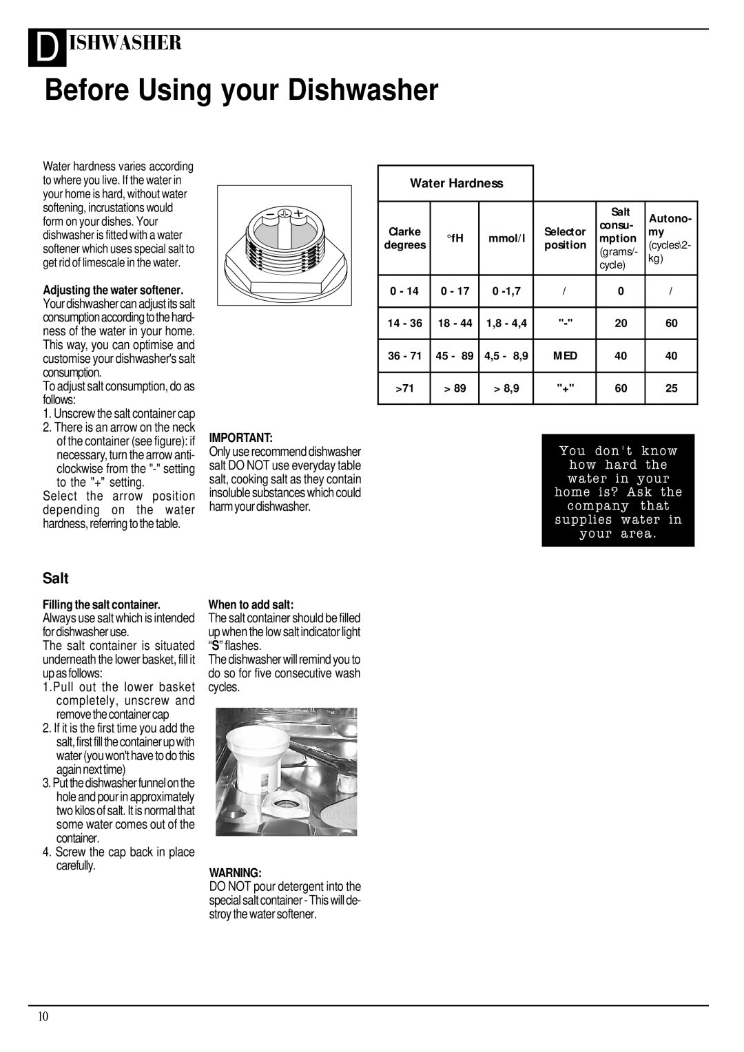 Hotpoint Aquarius FDW20 Water hardness varies according, To where you live. If the water, Softening, incrustations would 