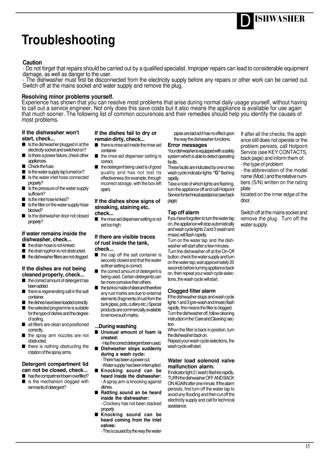 Hotpoint Aquarius FDW20 manual Troubleshooting, Resolving minor problems yourself 