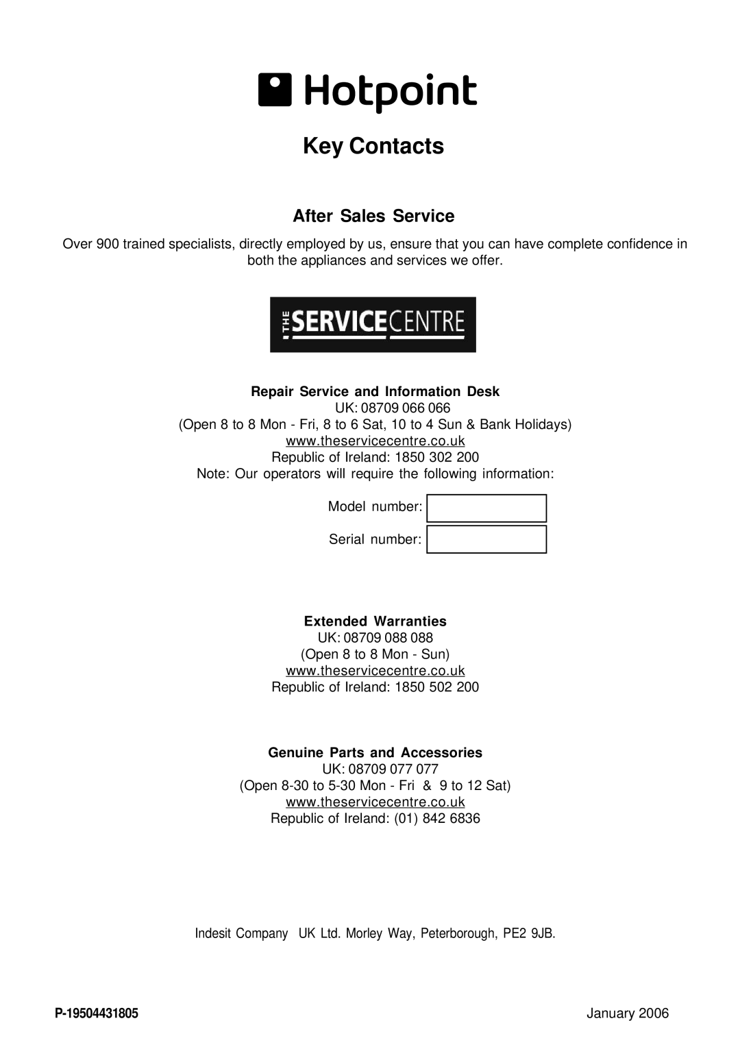 Hotpoint Aquarius FDW20 manual Repair Service and Information Desk, Genuine Parts and Accessories, 19504431805 