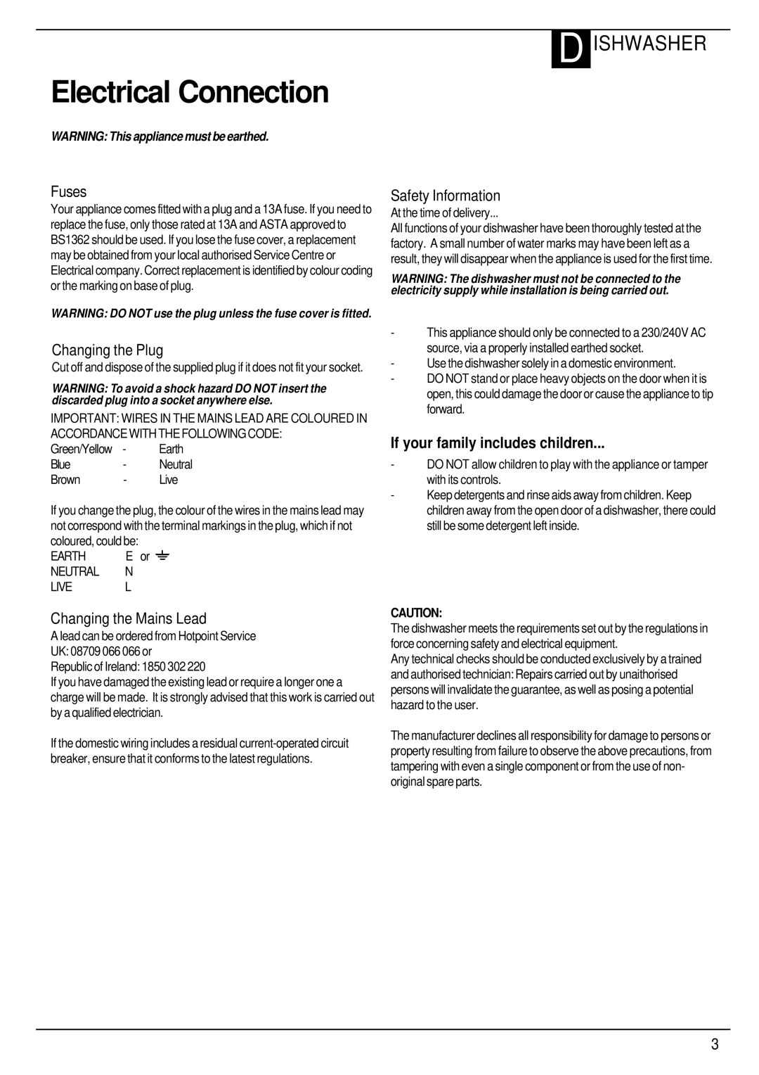 Hotpoint Aquarius FDW20 manual Electrical Connection, Fuses 