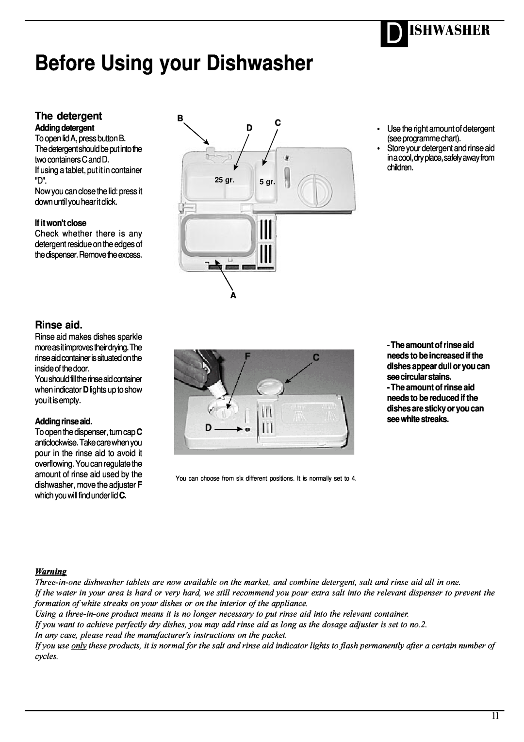 Hotpoint Aquarius FDW20 manual Before Using your Dishwasher, D Ishwasher, The detergent, Rinse aid, Adding detergent 