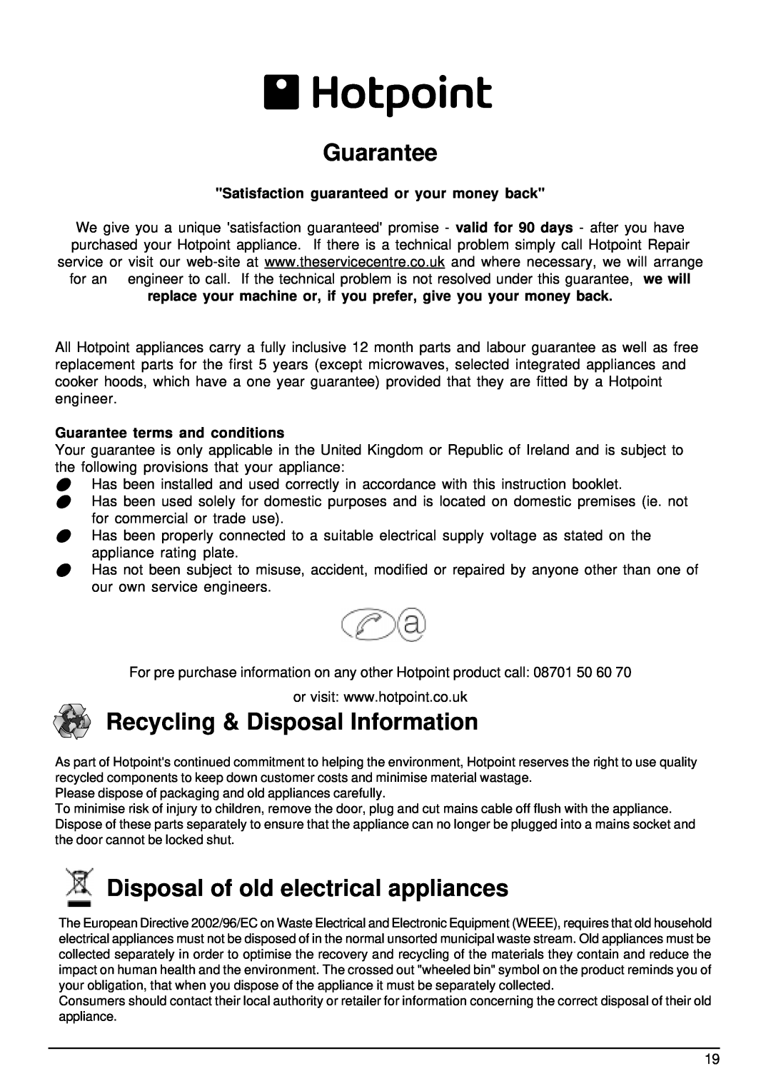 Hotpoint Aquarius FDW20 manual Guarantee, Recycling & Disposal Information, Disposal of old electrical appliances 