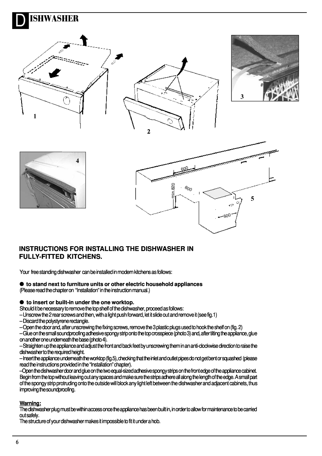 Hotpoint Aquarius FDW20 manual D Ishwasher, 3 1 2, Instructions For Installing The Dishwasher In, Fully-Fittedkitchens 