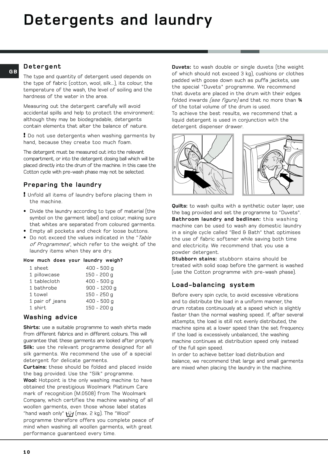 Hotpoint AQXGF 149 PM manual Detergents and laundry, Preparing the laundry, Washing advice, Load-balancing system 