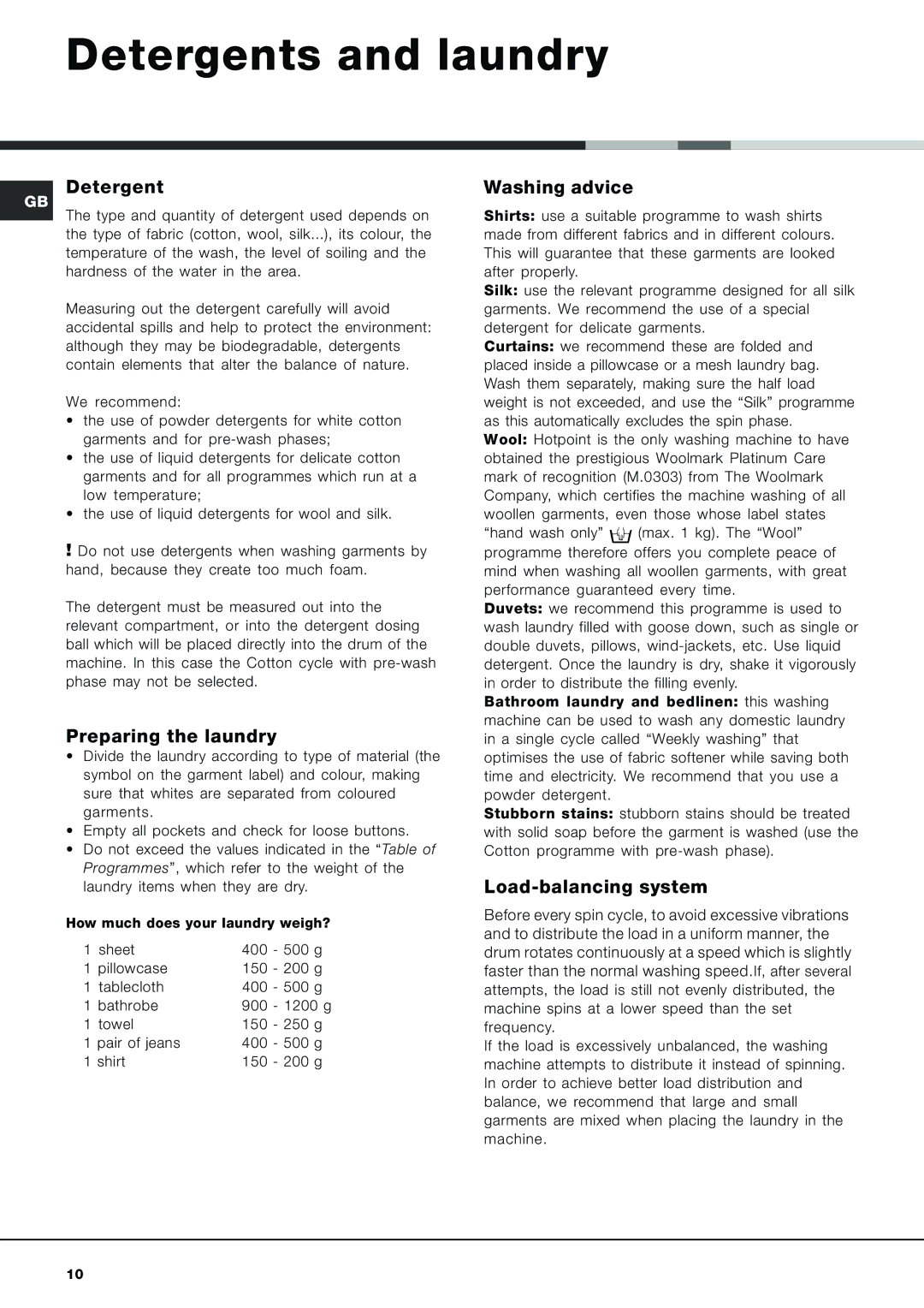 Hotpoint AQXL 169 manual Detergents and laundry, Preparing the laundry, Washing advice, Load-balancing system 