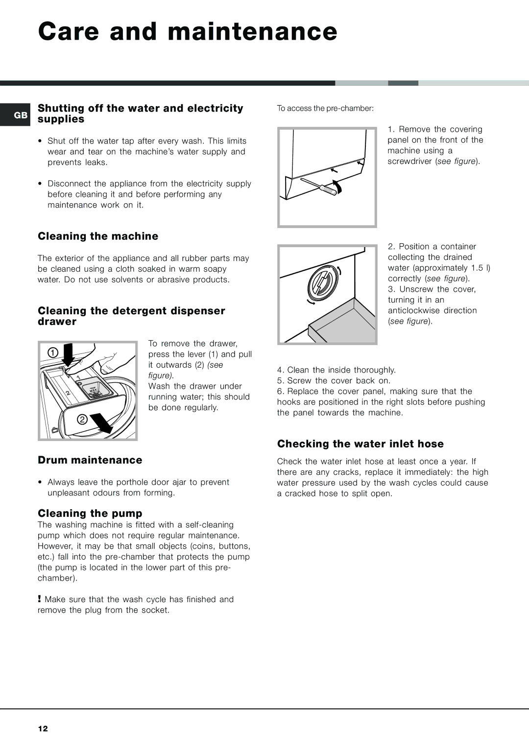 Hotpoint AQXL 169 manual Care and maintenance 