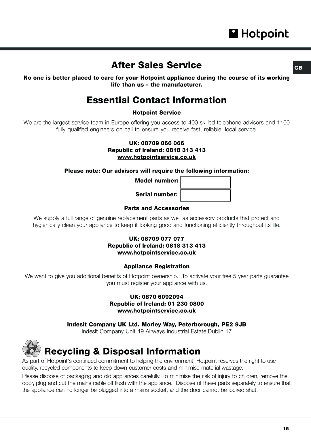 Hotpoint AQXL 169 manual After Sales Service 