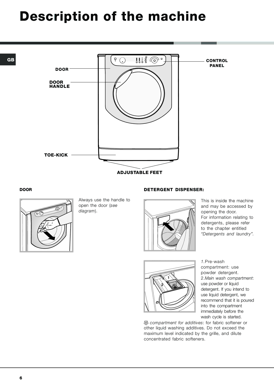 Hotpoint AQXL 169 manual Description of the machine, Door Handle TOE-KICK Adjustable Feet, Detergent Dispenser 