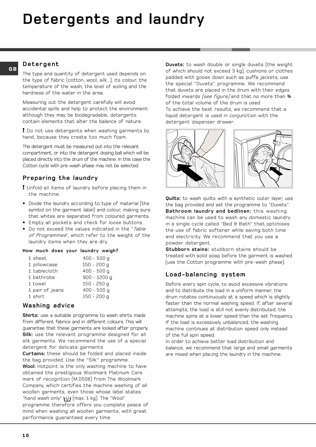 Hotpoint AQXXD 169 manual Detergents and laundry, Preparing the laundry, Washing advice, Load-balancing system 