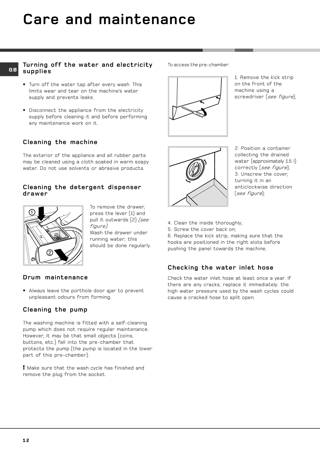 Hotpoint AQXXD 169 manual Care and maintenance 