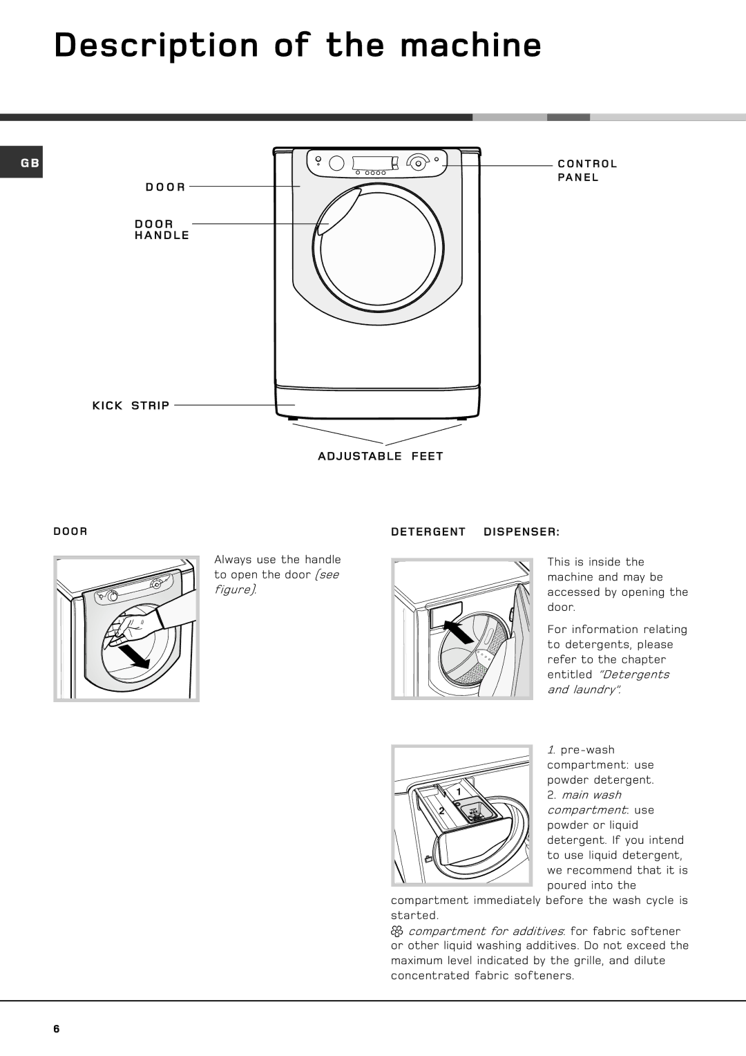 Hotpoint AQXXD 169 manual Description of the machine, O R N D L E Kick Strip Adjustable Feet, Detergent Dispenser 