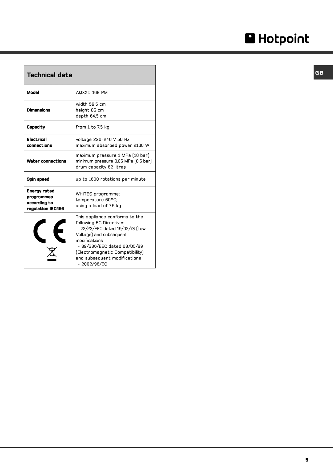 Hotpoint AQXXD 169 manual Technical data 