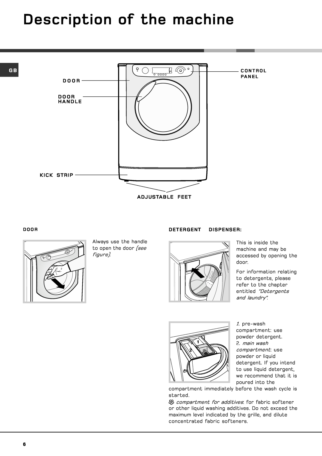 Hotpoint AQXXD 169 manual Description of the machine, Pa N E L, Door 