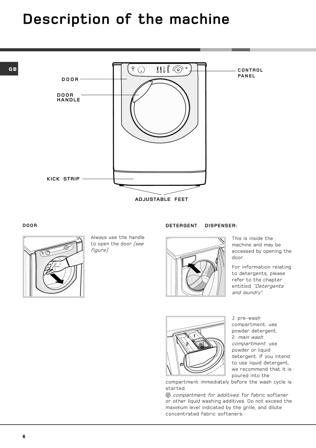 Hotpoint AQXXL 129 manual Description of the machine, O R N D L E Kick Strip Adjustable Feet, Detergent Dispenser 