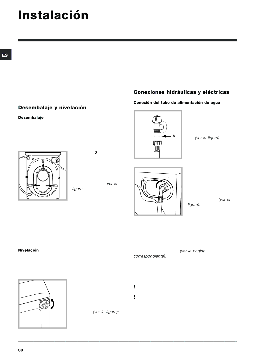 Hotpoint ARXXL105 manual Instalación, Desembalaje y nivelación, Conexiones hidráulicas y eléctricas 