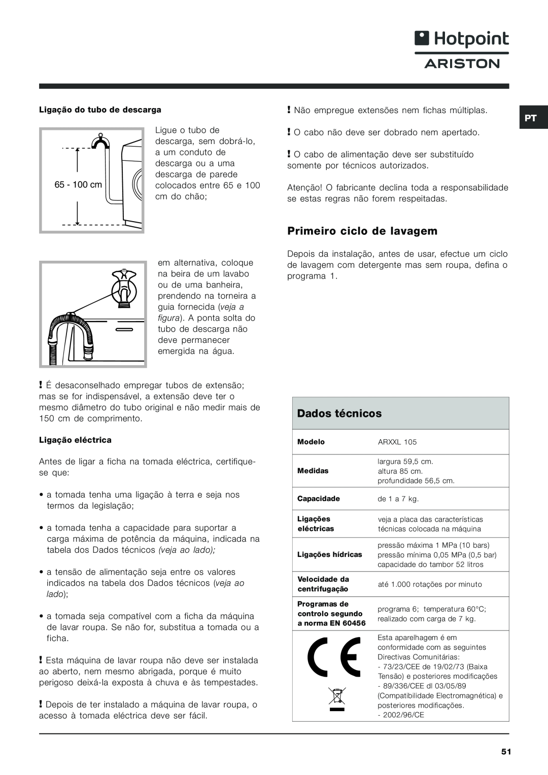 Hotpoint ARXXL105 manual Primeiro ciclo de lavagem, Dados técnicos 