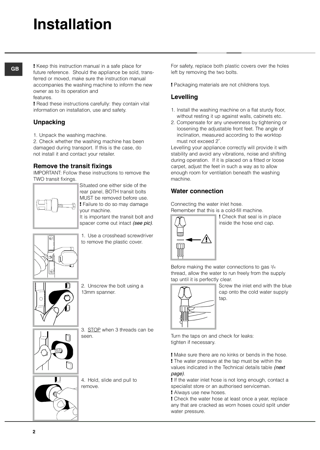 Hotpoint AVXXF129, AVXXF149, AVXXF137 manual Installation, Unpacking, Remove the transit fixings, Levelling, Water connection 