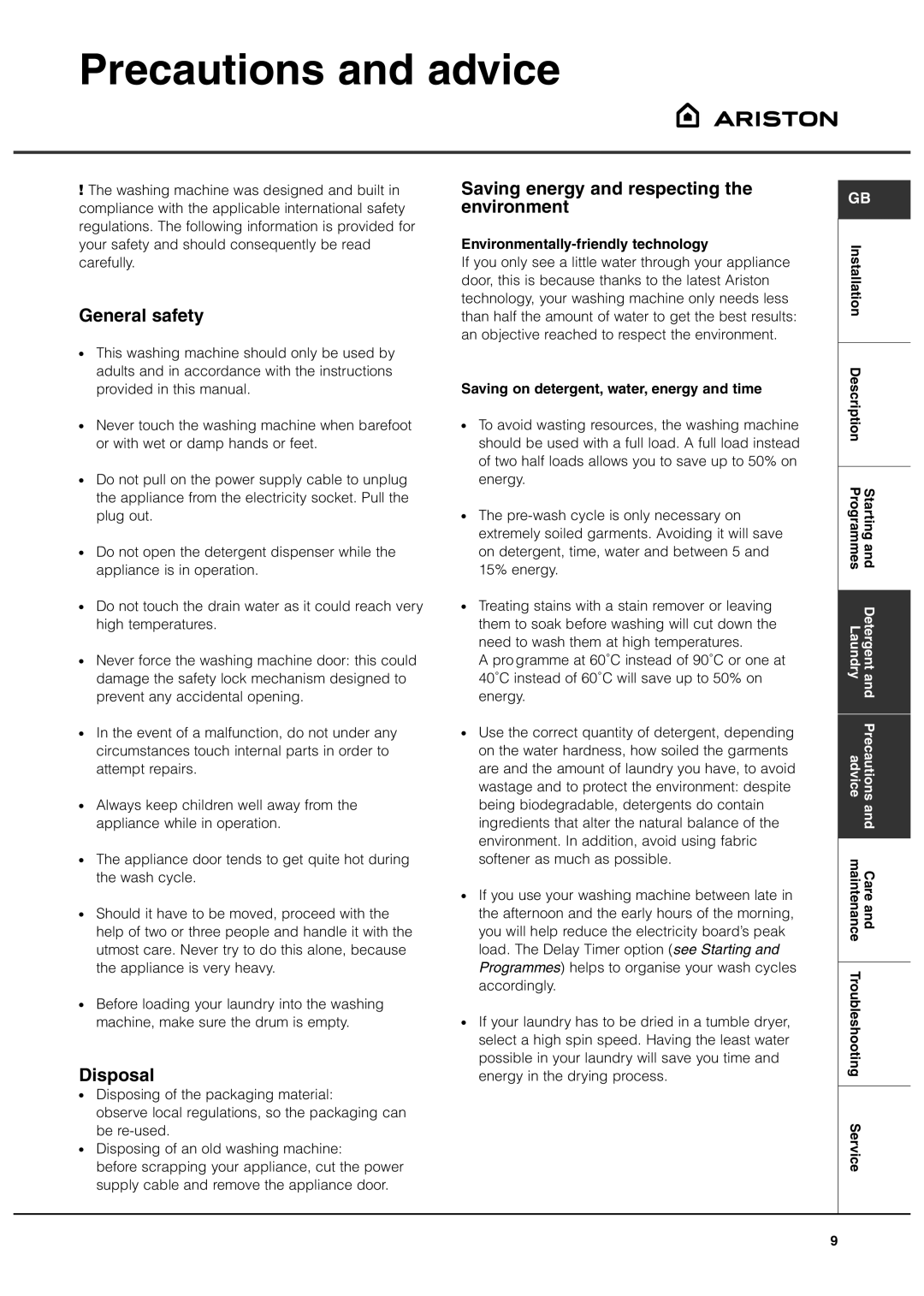 Hotpoint AVXXF149, AVXXF137 Precautions and advice, General safety, Disposal, Saving energy and respecting the environment 