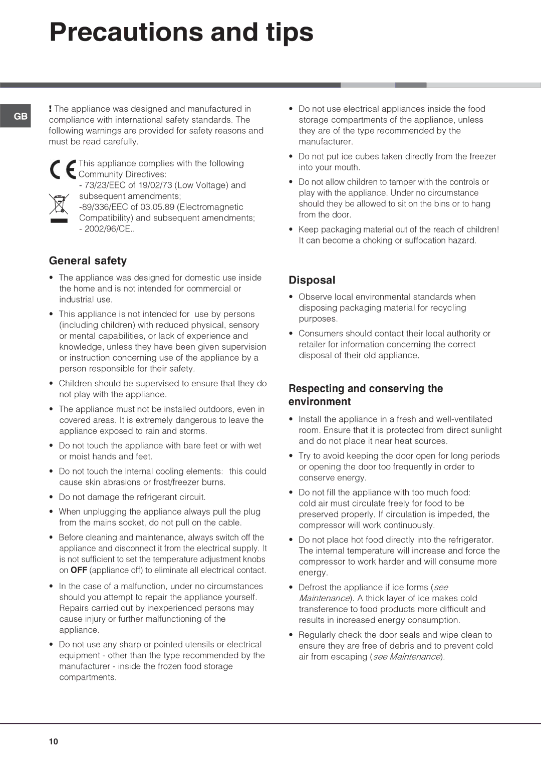 Hotpoint BCB 333 AVEI FF manual Precautions and tips, General safety, Disposal, Respecting and conserving the environment 