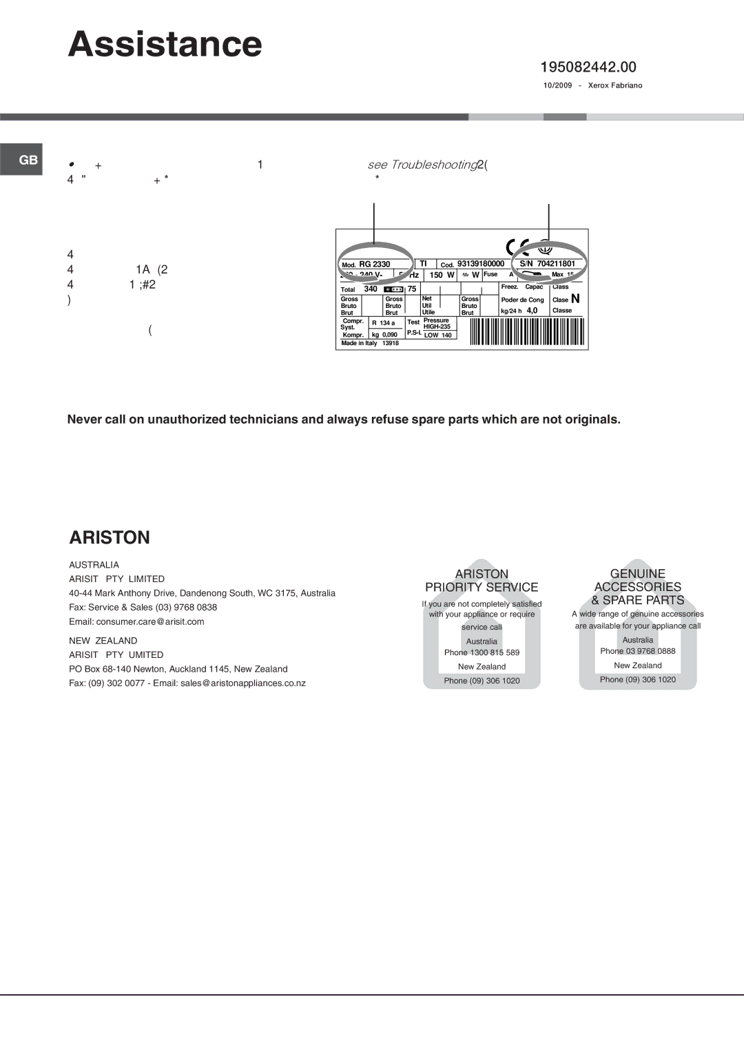 Hotpoint BCB 333 AVEI FF manual Before calling for Assistance, Communicating, Model 