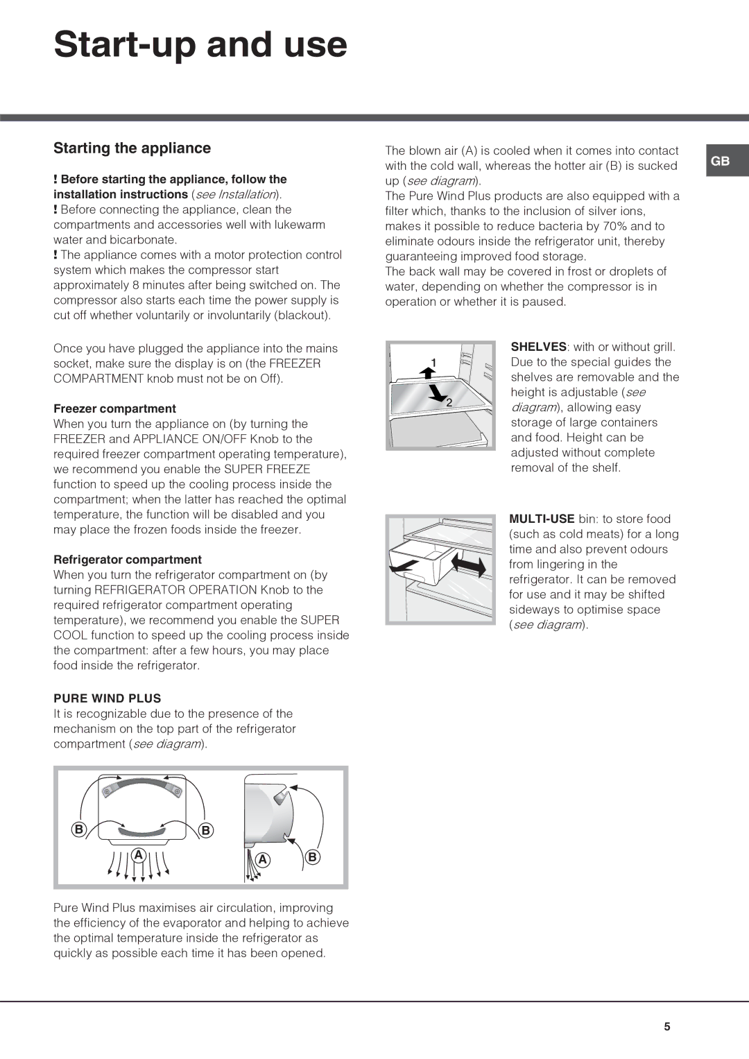 Hotpoint BCB 333 AVEI FF manual Start-up and use, Starting the appliance, Freezer compartment, Refrigerator compartment 