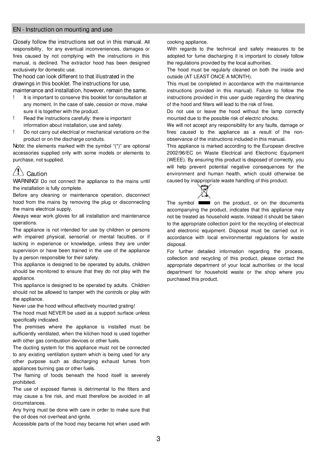 Hotpoint BCH100 manual EN Instruction on mounting and use 