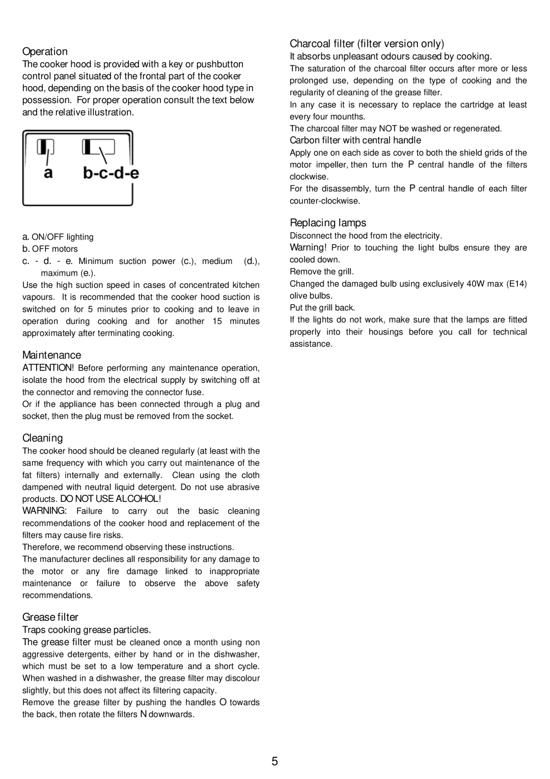 Hotpoint BCH100 Operation, Charcoal filter filter version only, Maintenance, Cleaning, Grease filter, Replacing lamps 