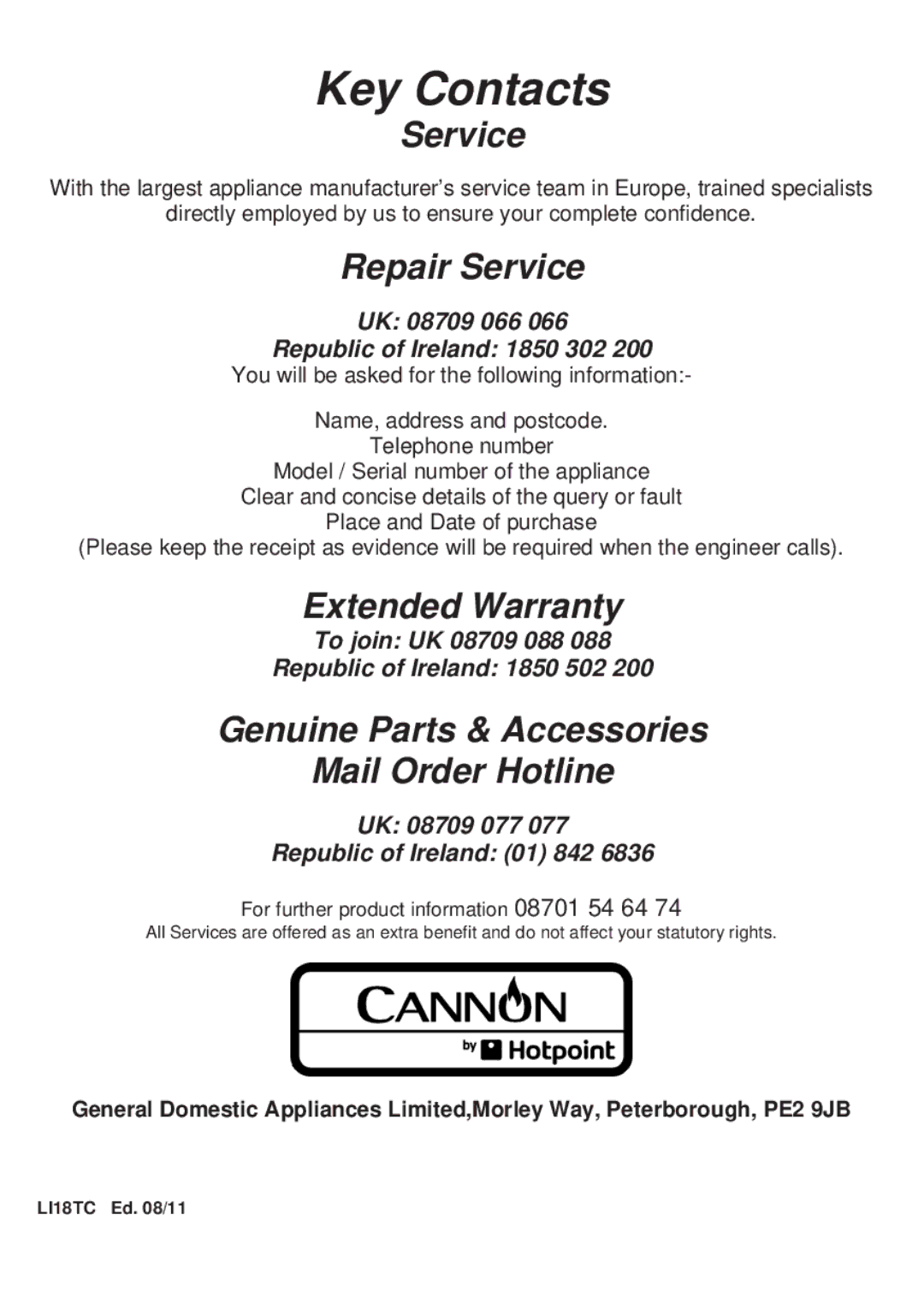 Hotpoint BCH100 manual Key Contacts 