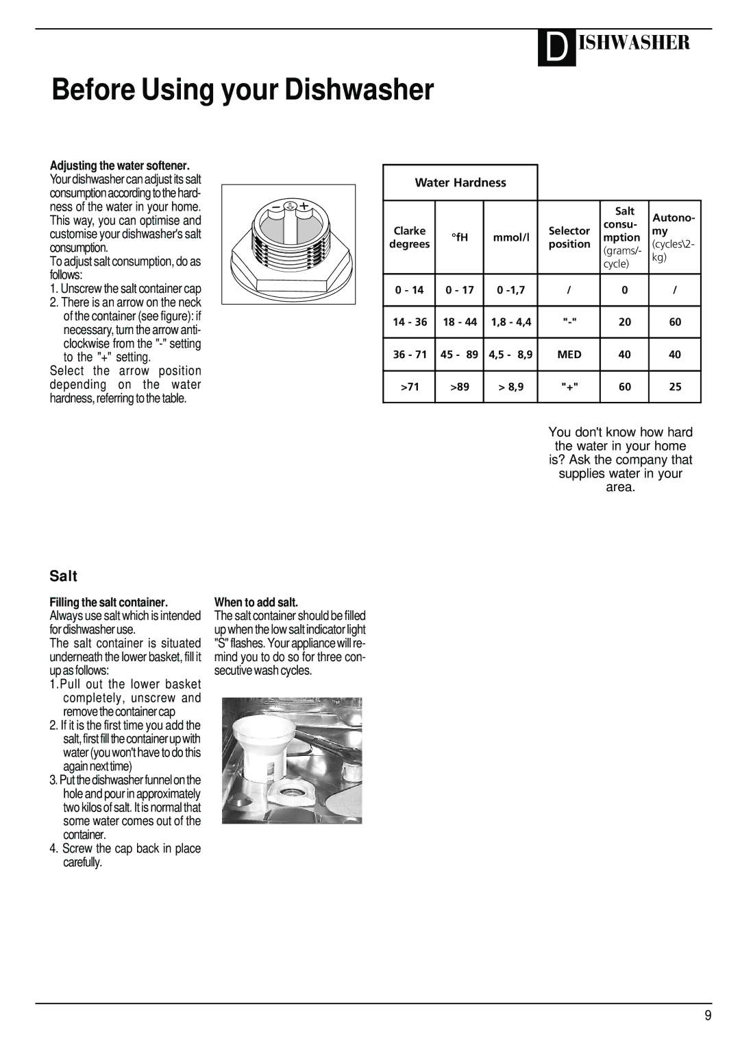 Hotpoint BCI45 manual Before Using your Dishwasher, Adjusting the water softener, Filling the salt container 