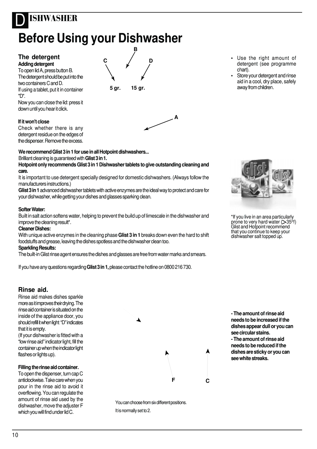 Hotpoint BCI45 manual Adding detergent, If it wont close, 15 gr, Softer Water, Cleaner Dishes, Sparkling Results 