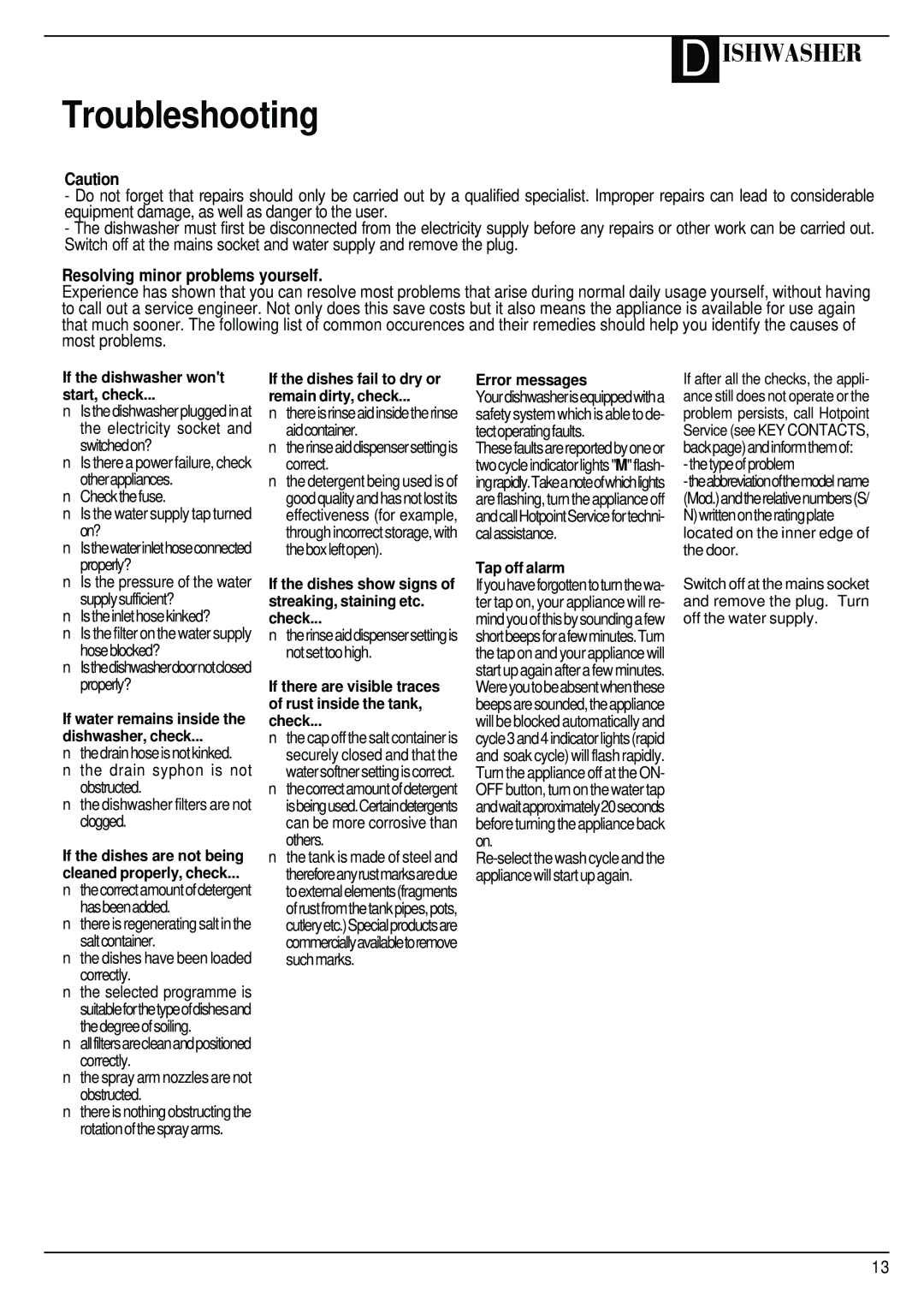 Hotpoint BCI45 manual Troubleshooting, Resolving minor problems yourself 