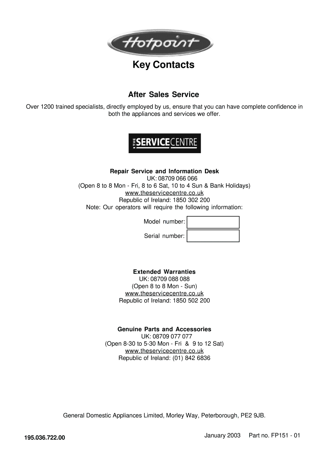 Hotpoint BCI45 manual Repair Service and Information Desk, Genuine Parts and Accessories, 195.036.722.00 