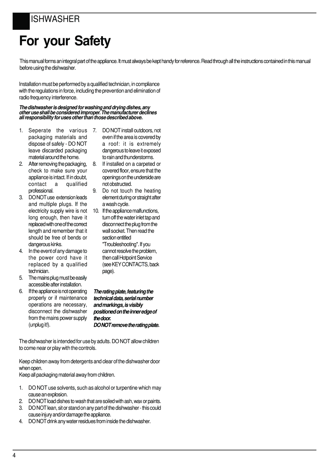 Hotpoint BCI45 manual For your Safety, DONOTremovetheratingplate 