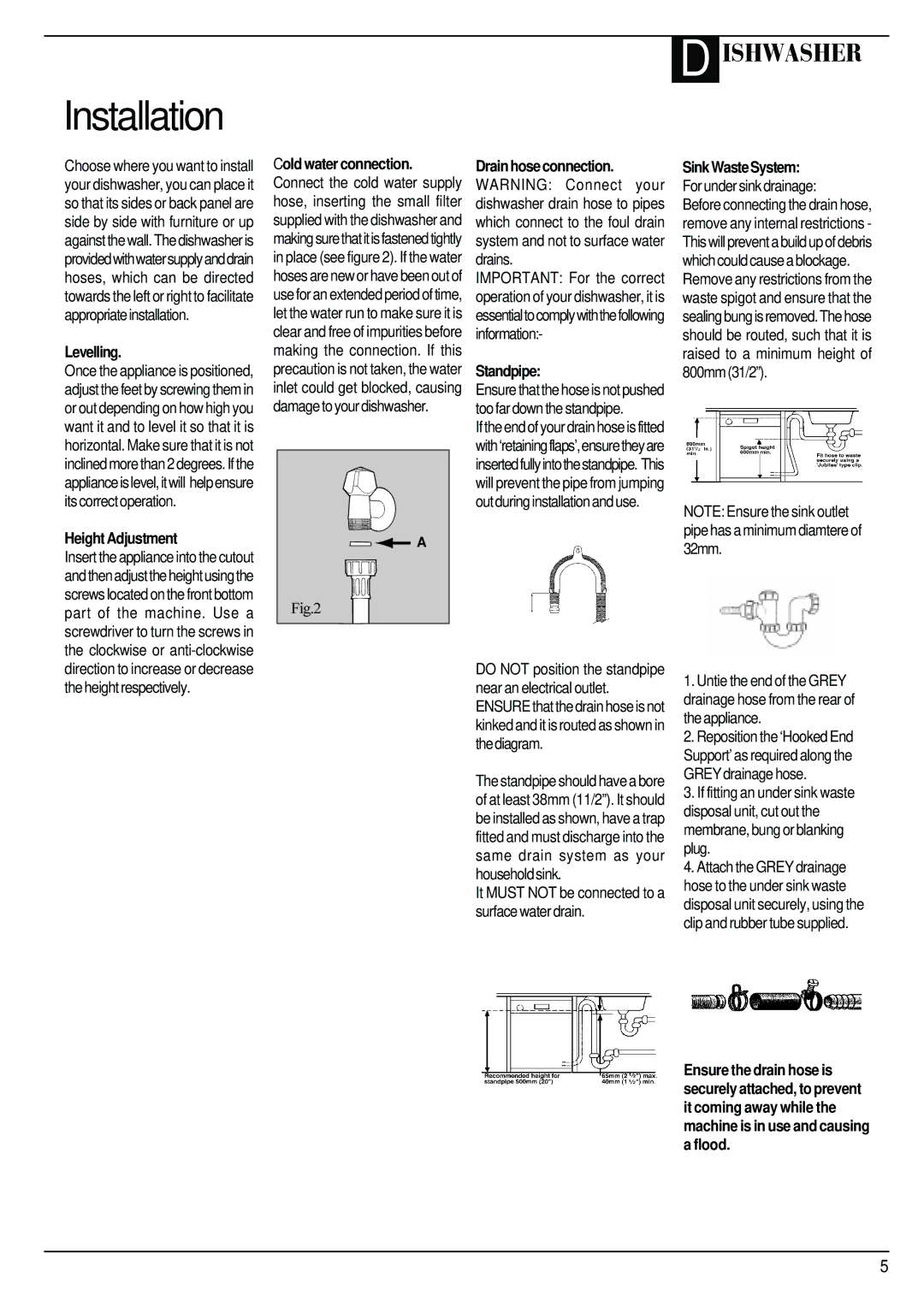 Hotpoint BCI45 manual Levelling, Height Adjustment, Standpipe 