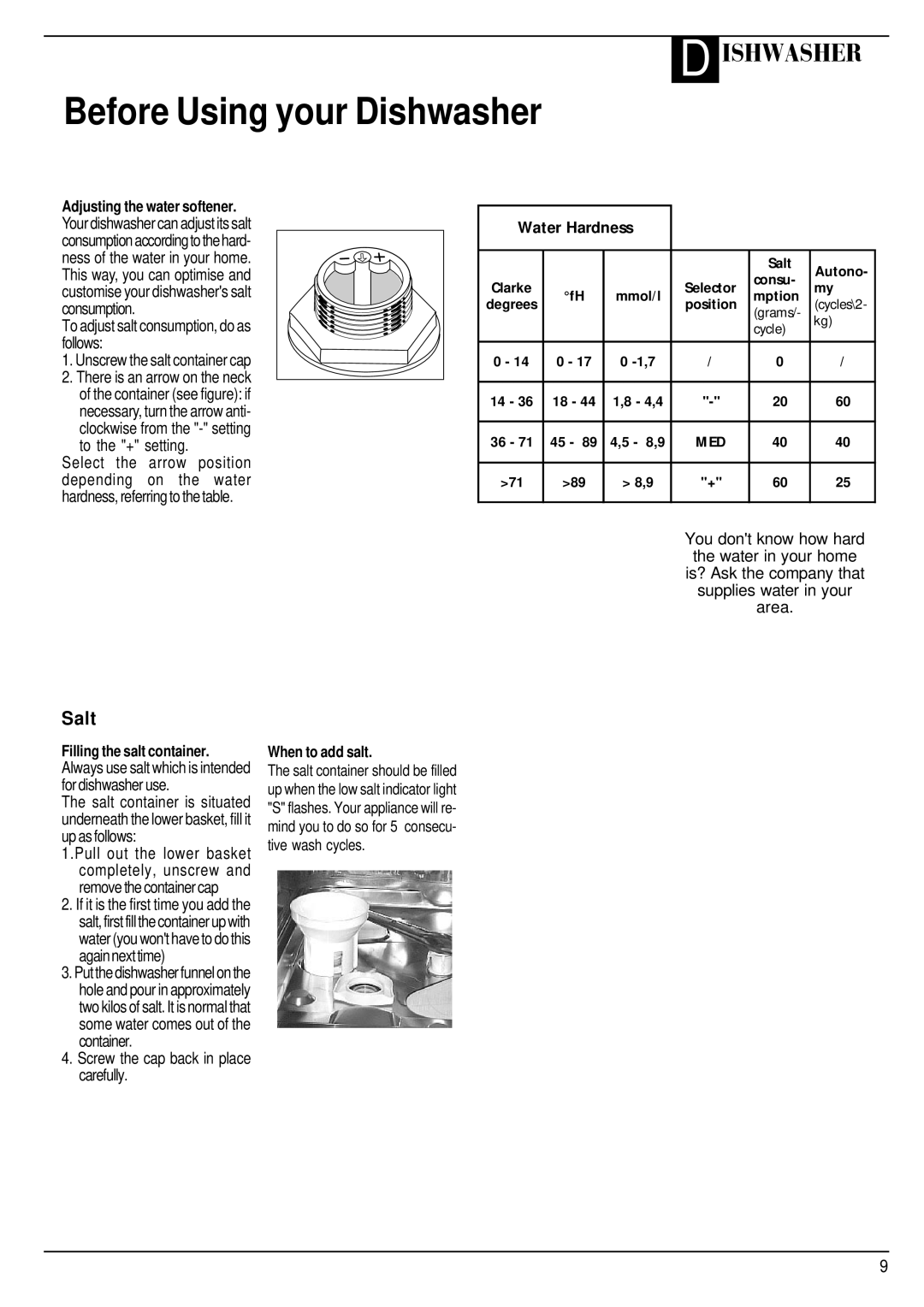 Hotpoint BCI450 Before Using your Dishwasher, Adjusting the water softener, Filling the salt container, When to add salt 