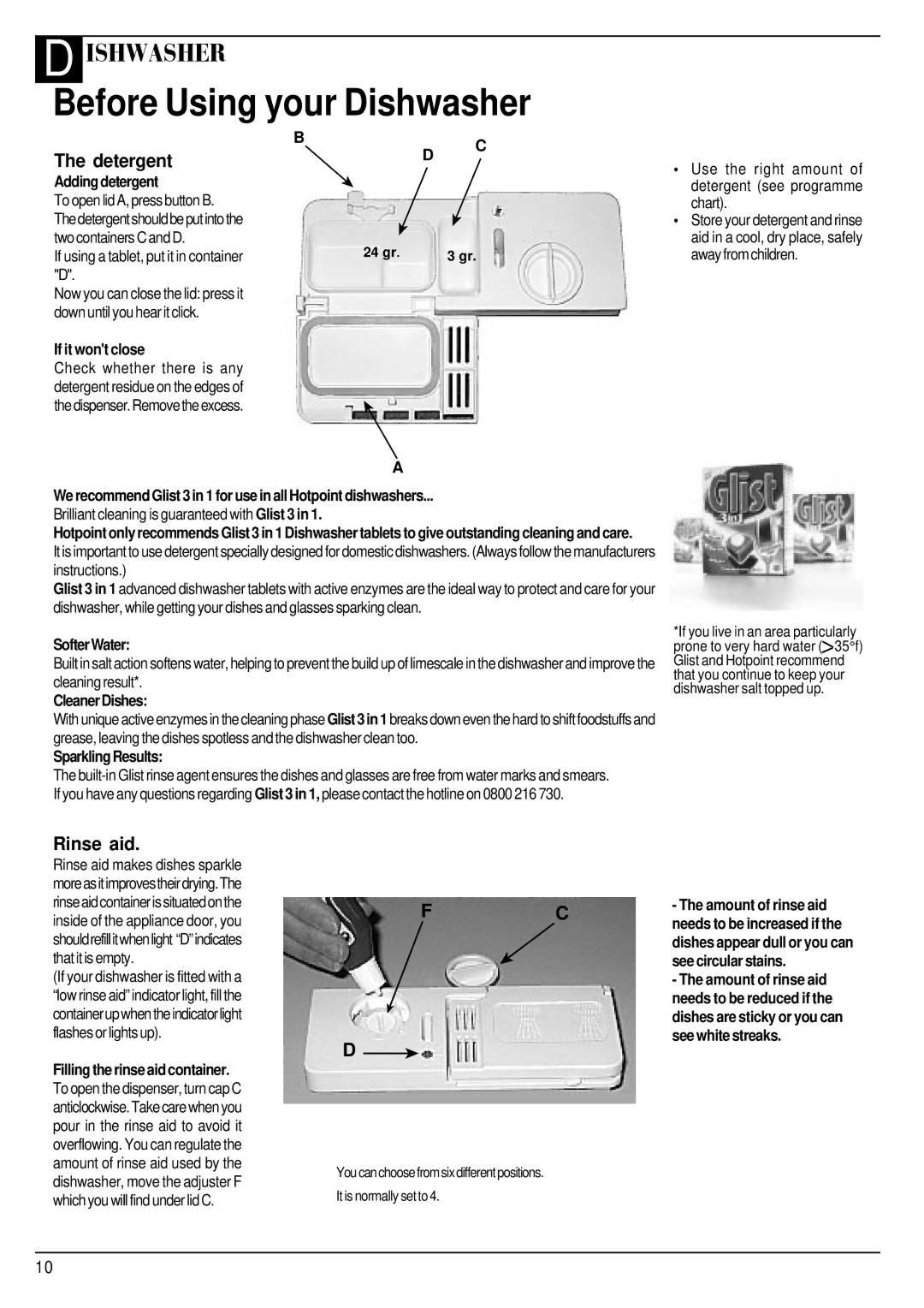 Hotpoint BCI450 manual Adding detergent, If it wont close, Softer Water, Cleaner Dishes, Sparkling Results 